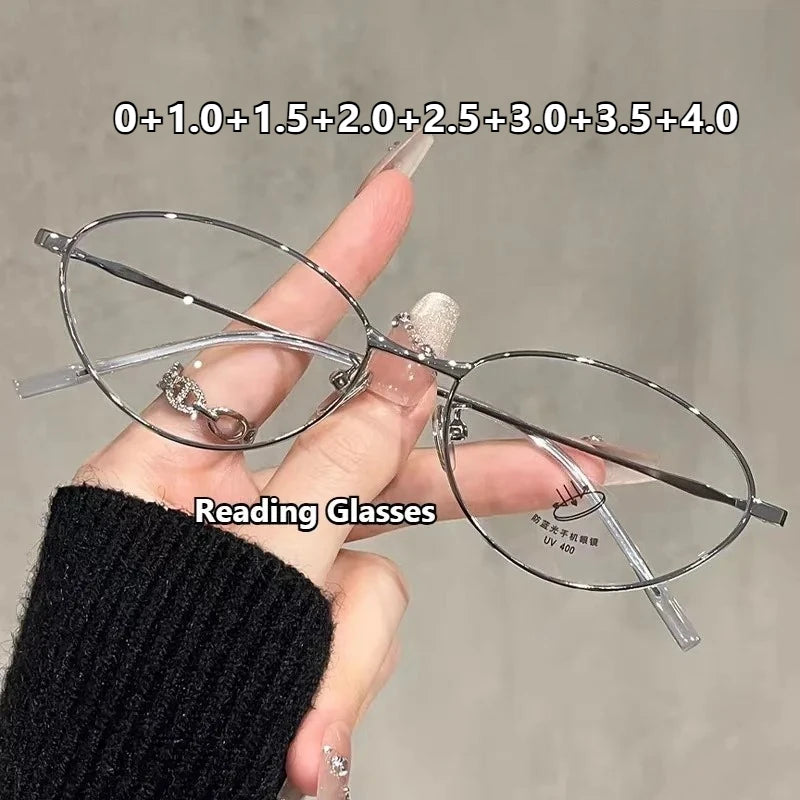 New High-end Ultra-light Reading Glasses Anti-blue Light Oval Metal Frame Presbyopia Glasses 0+1.0+1.5+2.0+2.5+3.0+3.5+4.0