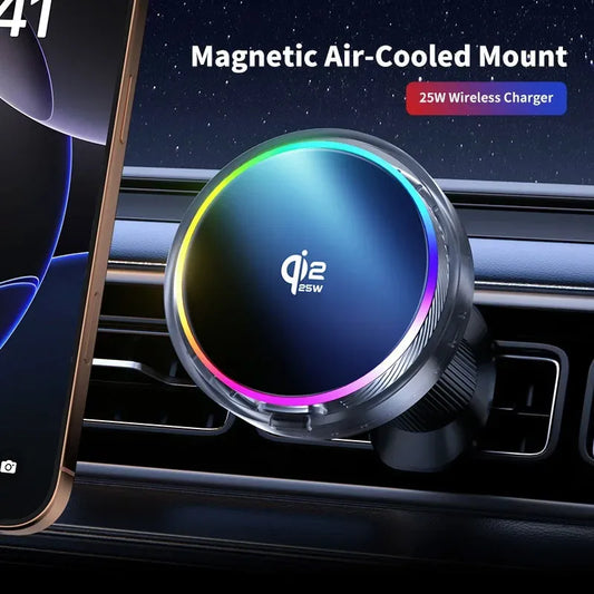 Car Magnetic Wireless Charger Qi2.2 25W Air Cooling RGB Light  Phone Holder For Magsafe iPhone 17 16 15 14 13 12 Fast Charging