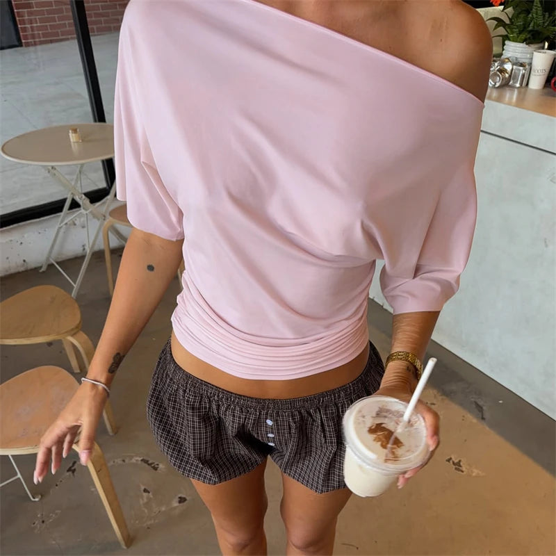 Talenza Summer One Shoulder Tops Fashion Slim Shrink Short Sleeve T-Shirts Sexy Party Y2k Streetwear Solid Pullover Tops Women