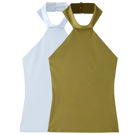 HXAO Halter Top Women Summer 2025 Tanks & Camis Green Blue Tight Tops Sexy Off Shoulder Sleeveless Backless Tops Elegant Vests