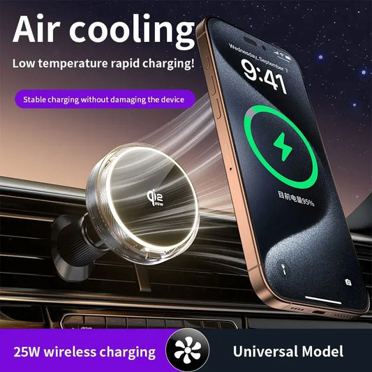 Car Magnetic Wireless Charger Qi2.2 25W Air Cooling RGB Light  Phone Holder For Magsafe iPhone 17 16 15 14 13 12 Fast Charging