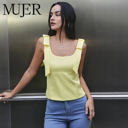 MUJER White Bow Crop Top Woman Sexy Backless Bustier Tops for Women Summer Camisole Sleeveless Tops Women Strap Short Tops Woman